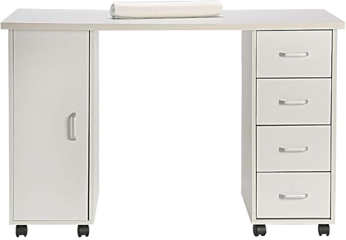 Rolling Desk Table White Computer Desk with 4 Drawers1 DoorWriting Home Office Workstation Mobile Home Office Desk Study Writing Desk with Smooth WheelsSpace Saving Compact Desk for Dorm Apartment