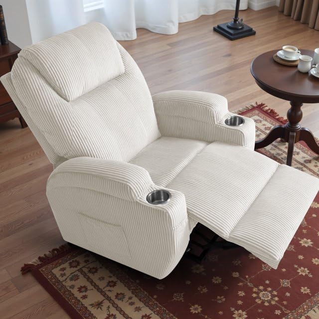 Furmax Electric Power Lift Recliner Chair with Massage for Elderly Corduroy Fabric Recliner Single Sofa with Cup Holders Side Pockets and Remote Control for Living Room Bedroom (White)