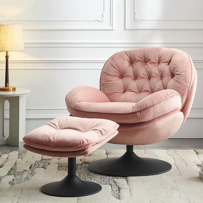 Accent Chair TV Chair Living Room Chair with Ottoman Modern Velvet Lounge Chair with Ottoman Set with Large Metal Base Swivel Leisure Chair for ClubHome Office (Pink#V+New)