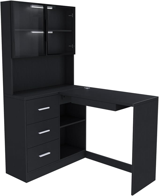 Ergonomic L-Shaped Design Housheold Glass Cabinet Computer Desk with LED Lights USB Ports &amp Keyboard Tray for Home Offices and Corporate Spaces (Black)