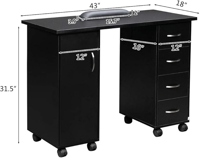 Black Rolling Home Office Desk with 4 Drawers Wheels Mobile Study Writing Desk for Dorm Apartment BedroomRolling Black Work DeskHome Office Desk Desk with Storage 47 L x 21.3 W x 31.9 H
