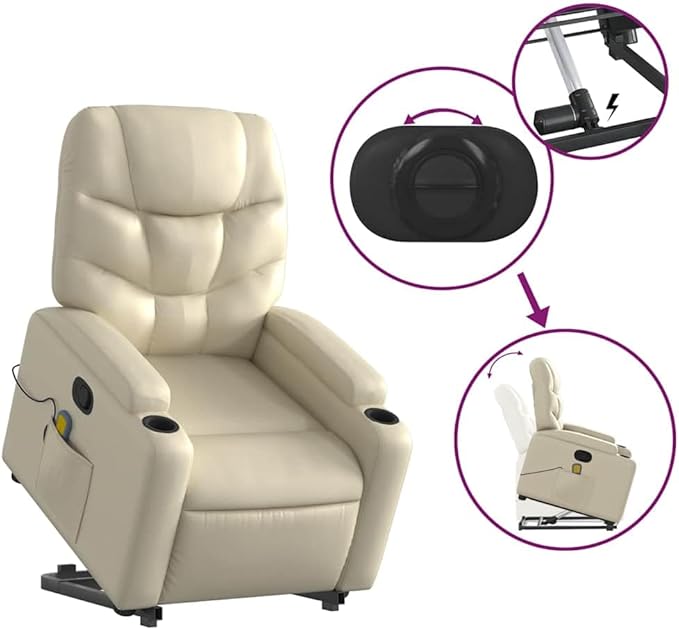 vidaXL Cream Faux Leather Power Lift Massage Recliner | Electric Standing Armchair for Elderly with Cup Holders and USB