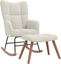 vidaXL Cream White Velvet Rocking Chair and Stool Set with Soft Padding Steel Frame and Wooden Rocking Rails