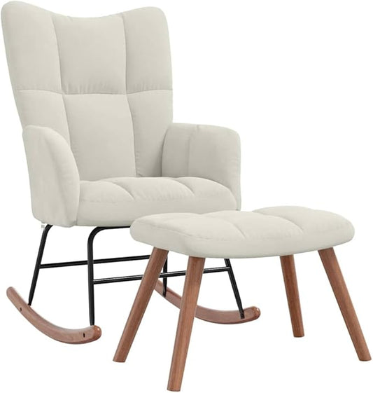 vidaXL Cream White Velvet Rocking Chair and Stool Set with Soft Padding Steel Frame and Wooden Rocking Rails