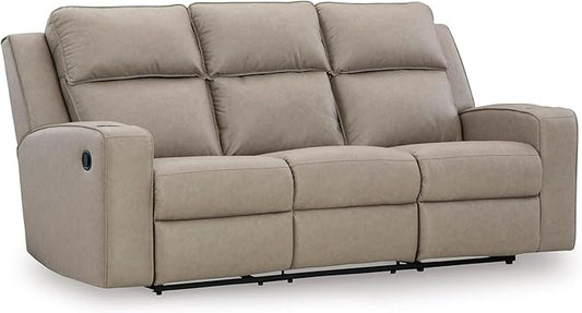 Signature Design by Ashley Lavenhorne Contemporary Faux Leather Manual Reclining Sofa with Drop Down Table Cup Holders and USB Ports Beige