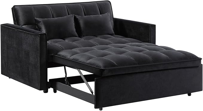 54 Convertible Sofa Bed Velvet Sleeper Sofa with Pull-Out Bed 3-in-1 Futon Couch with Reclining Backrest and Side Pocket Modern Loveseat for Living Room (Black)