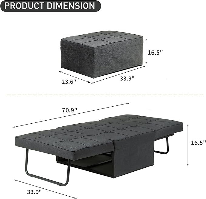 Ainfox Convertible Sofa Bed4-in-1 Multi-Functional Futon Chair Bed Folding &amp No Installation Sofa Couch with Adjustable Backrest Recliner for Living Room Small Spaces and Office(Dark Grey)
