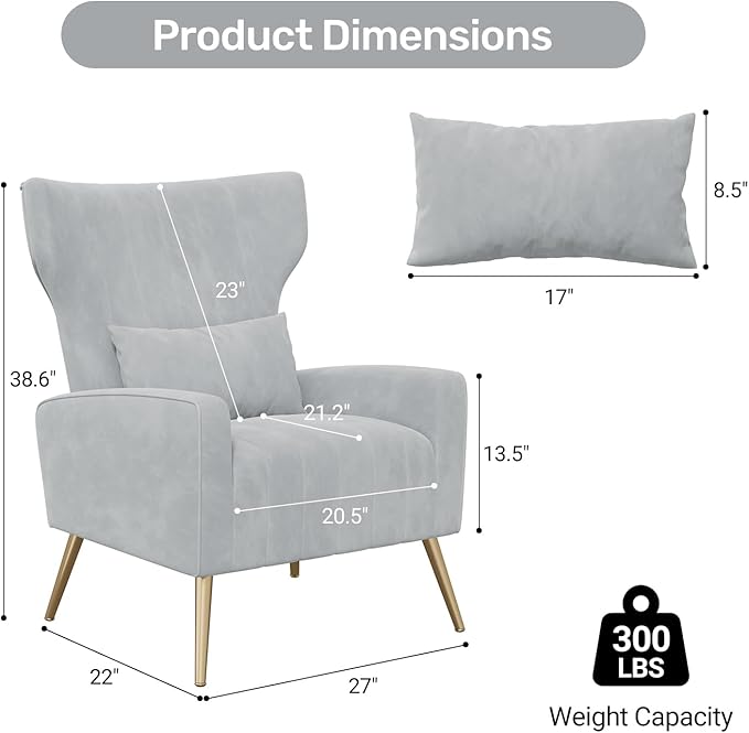 Velvet Accent Chair Wingback for Living Room High Back Arm Chair with Golden Legs Lumbar Pillow Upholstered Single Sofa Bedroom Light Grey