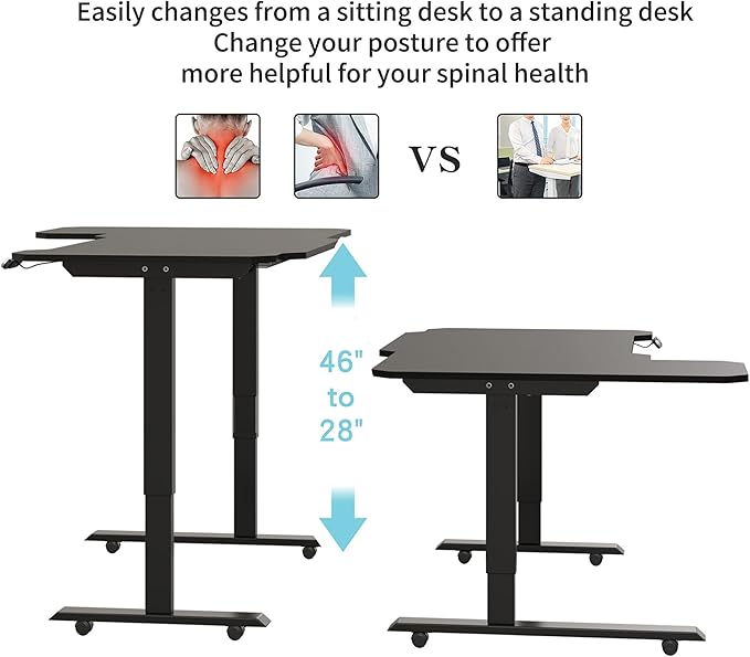 L-Shaped Electric Standing Desks Adjustable Height Black Wood Top Rising Desks for Home Office 59 Inch Sit Stand Desk Electric with Wheels &amp Type-C Port/Controller (Black)