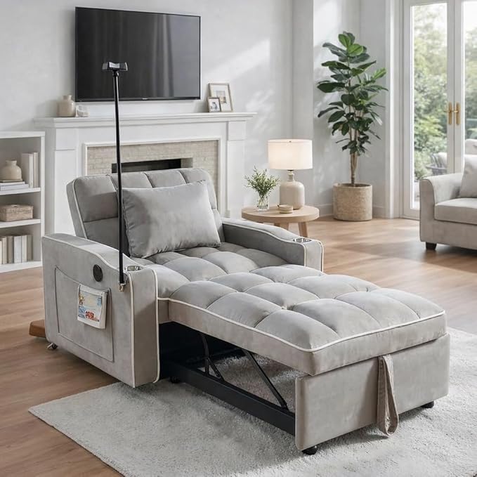 Sleeper Chair Convertible Pull Out Chair Sleeper with Bracket and Cup Holder Chairs Bed Sleepers for Adults 3 in 1 Sofa Bed Chairs for Small Spaces Living Room Light Gray