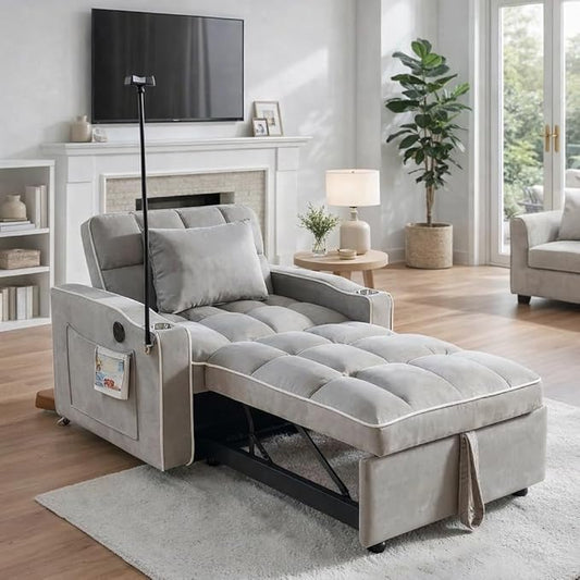 Sleeper Chair Convertible Pull Out Chair Sleeper with Bracket and Cup Holder Chairs Bed Sleepers for Adults 3 in 1 Sofa Bed Chairs for Small Spaces Living Room Light Gray