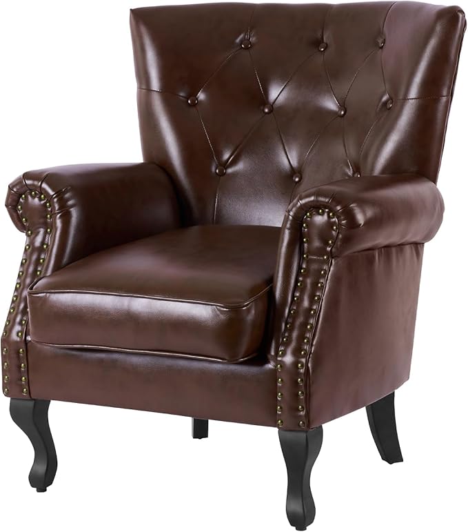 Modern Faux Leather Accent Chair Upholstered Mid-Century Armchair with Solid Wood Legs Single Sofa Chair for Living Room Bedroom or Reading Room（Reddish Brown）