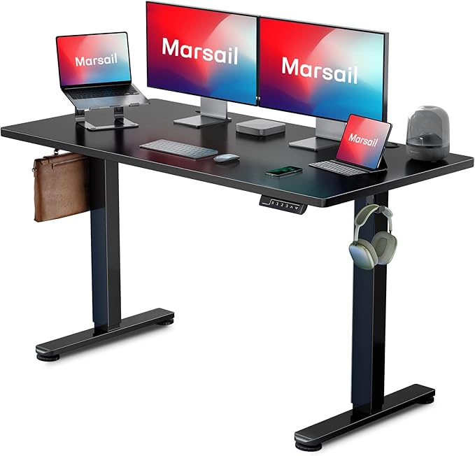 Marsail Electric Standing Desk Adjustable Height 48 * 24 Inch Sit Stand up Desk with 3 Memory Presets Headphone Hook and Comfortable Workspace for Home Office Furniture and Computer Desk.Natural