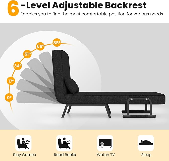 Giantex Convertible Sleeper Chair Bed 4-in-1 Sofa Bed with 6-Position Adjustable Backrest &amp Metal Legs Cozy Chaise Lounge Couch for Adults Folding Armchair for Living Room Office Guest Room (Bl