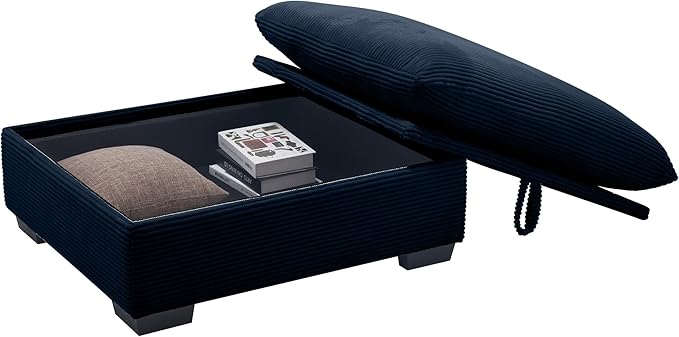 Corduroy Square Storage Ottoman with Removable Cushions 36.6 Inch Corduroy Fabric Cloud Ottoman Footrest for Modular Sofa Living Room Furniture Easy Assembly Blue