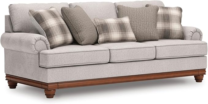 Signature Design by Ashley Meadowview Classic Upholstered Sofa with Reversible Seat Cushions 5 Accent Pillows and Rolled Armrest Light Gray