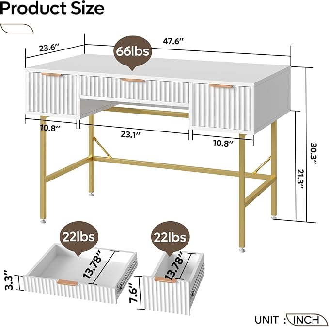 Bestier 47.6 Inch Fluted Computer Writing Desk with Drawers for Home Office White and Gold Vanity Desk Modern Simple Makeup Desk for Bedroom