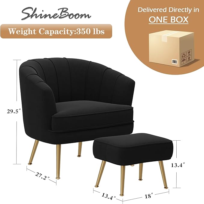 Velvet Accent Chairs with Ottoman for Living Room Bedroom Office Leisure Upholstered Single Sofa Chair Arm Chair Comfy Chair Reading Club Coffee Chair with Metal Legs Black