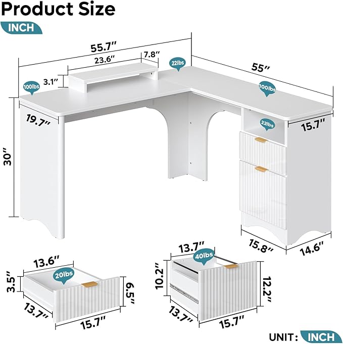 Bestier L Shaped Desk with File Drawer 55.7 x 55 Office Computer Desk with Round Corners Modern Desk with Monitor Stand &amp Fluted Panels for Home Office White