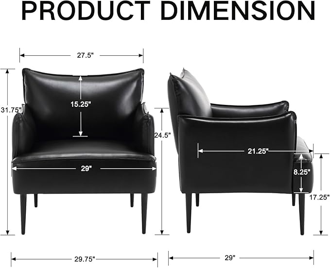 Black Accent Chair with Arms Modern PU Leather Living Room Chair with Metal Legs Upholstered Reading Chair Comfy Side Armchair for Reception Bedroom Small Spaces