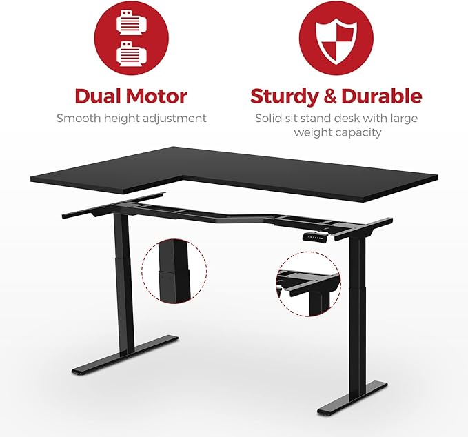 SANODESK 63-Inch Large Dual Motor L-Shaped Electric Height Adjustable Standing Desk - Reversible Panel - Black Top/White Frame - Ideal for Gaming Home Office or Computer Workstation