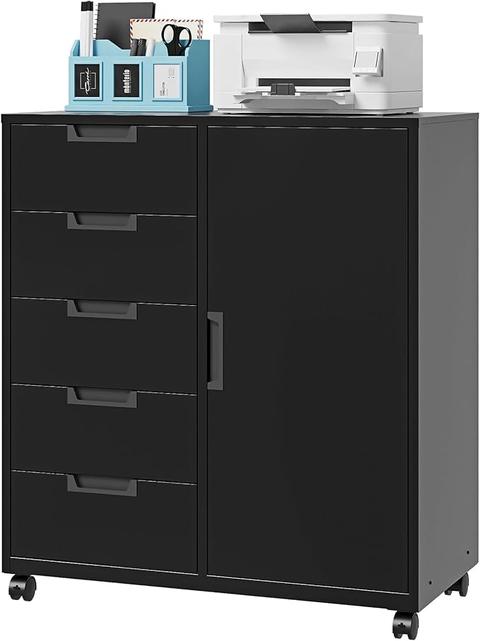 Letaya 5 Drawer Storage Cabinet Mobile Printer Stand for Home OfficeDresser Chest with Shelves and Door(Black)