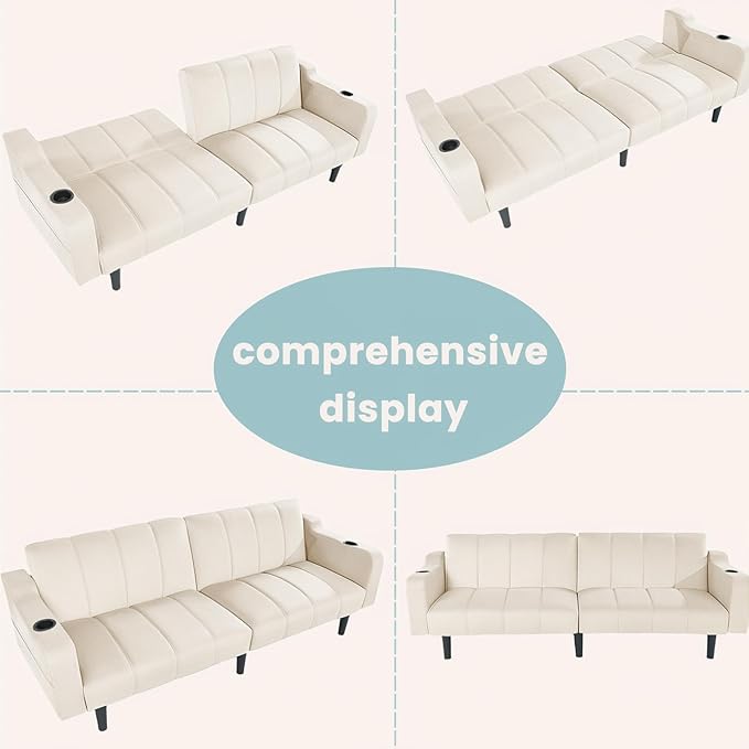 Brelice Futon Sofa Bed 80 Sleeper Loveseat Futon Couch with Cup Holders &amp Side Pockets Velvet Sofa Cama for Living Room and Small SpaceOff-White