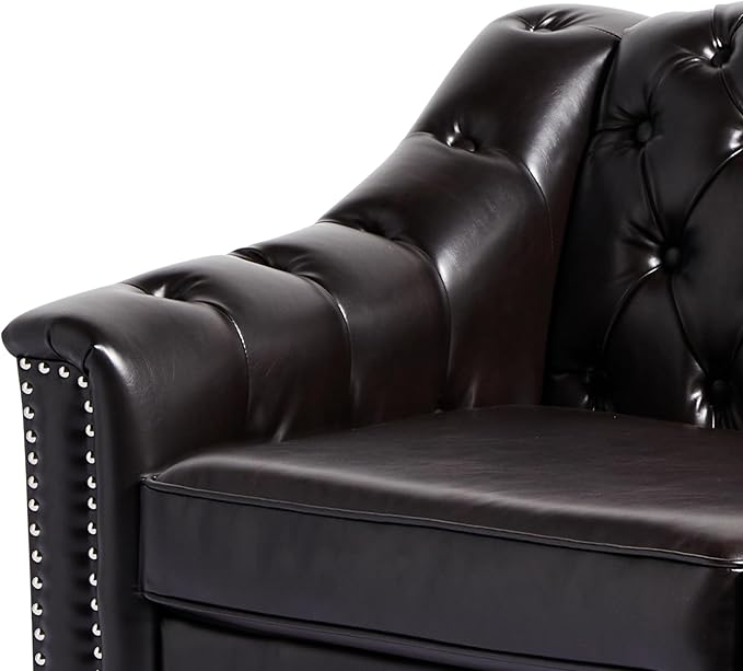LEVNARY Chesterfield Chair Leather Upholstered Sofa Chair with High Back Mid-Century Modern Armchair with Solid Wood Legs Single Couches for Living Room (Brown)