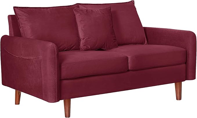 56.1 Round Arm Velvet Loveseat with Side Pockets and a Square Pillow (Burgundy) | Side Storage Pockets Pillow Included