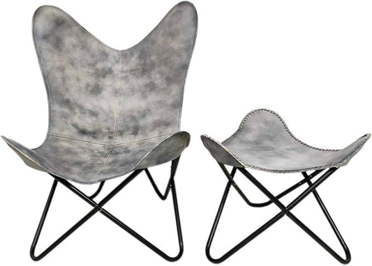 PLW Handmade Gray Leather Butterfly Chair with Ottoman – Modern Lounge Accent Chair Set Folding Black Iron Frame Vintage Boho Decor for Living Room Bedroom or Office