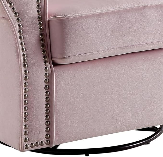 BOWERY HILL Contemporary Swivel Chair with Glider Pink Fabric Upholstery Wingback Design Nailhead Trim Loose Seat Removable Cushion Cover 35 L x 34 D x 37 H Accent Chair for Living Room