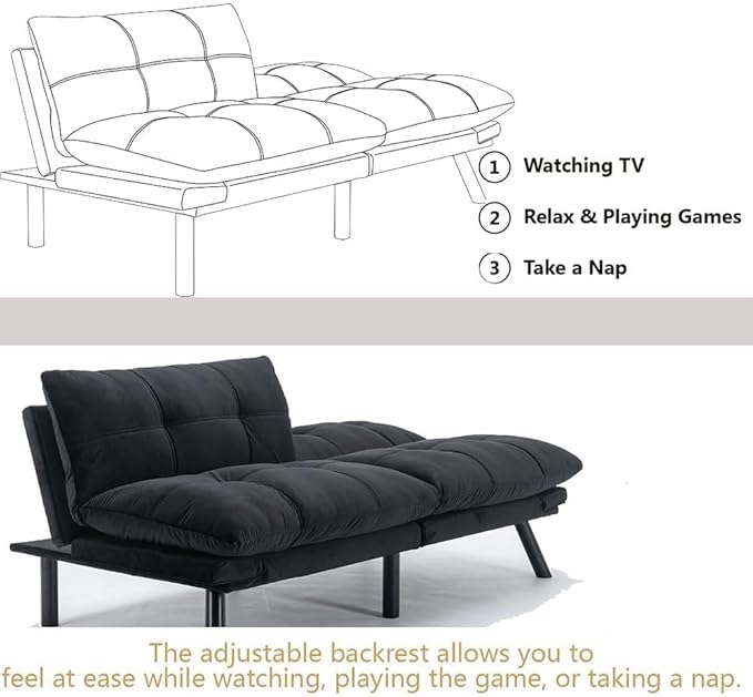 71 Velvet Futon Sofa Bed Modern Convertible Futon Sofa Bed Couch Adjustable Armrests and Backrest Sofa Sleeper for Living Room Small Space Apartment Office