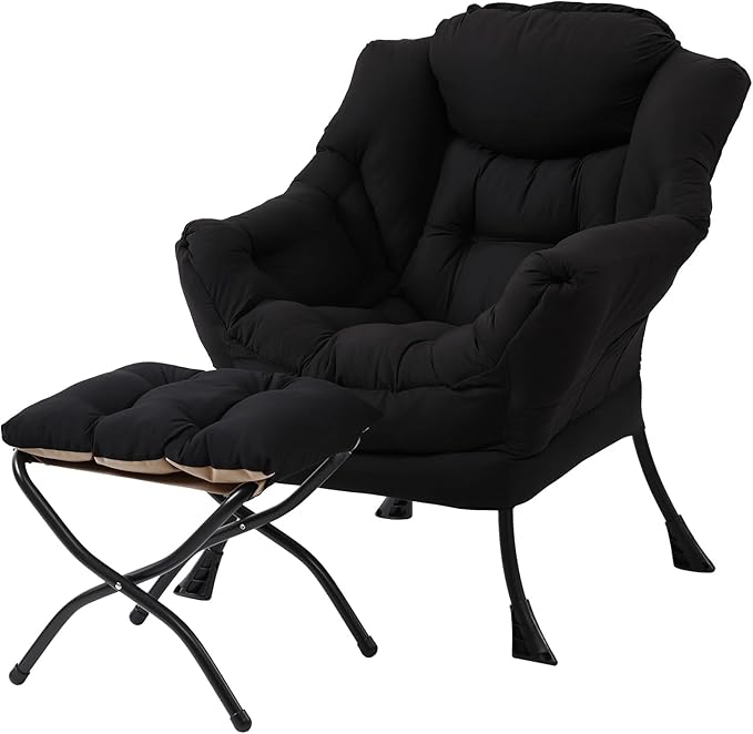 Welnow Lazy Chair with Ottoman Modern Accent Chair with Armrests and a Side Pocket Leisure Sofa Armchair Set Reading Armchair with Footrest for Small Space Black