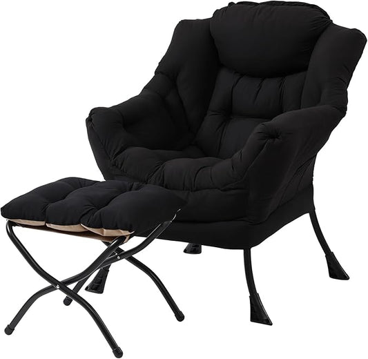 Welnow Lazy Chair with Ottoman Modern Accent Chair with Armrests and a Side Pocket Leisure Sofa Armchair Set Reading Armchair with Footrest for Small Space Black