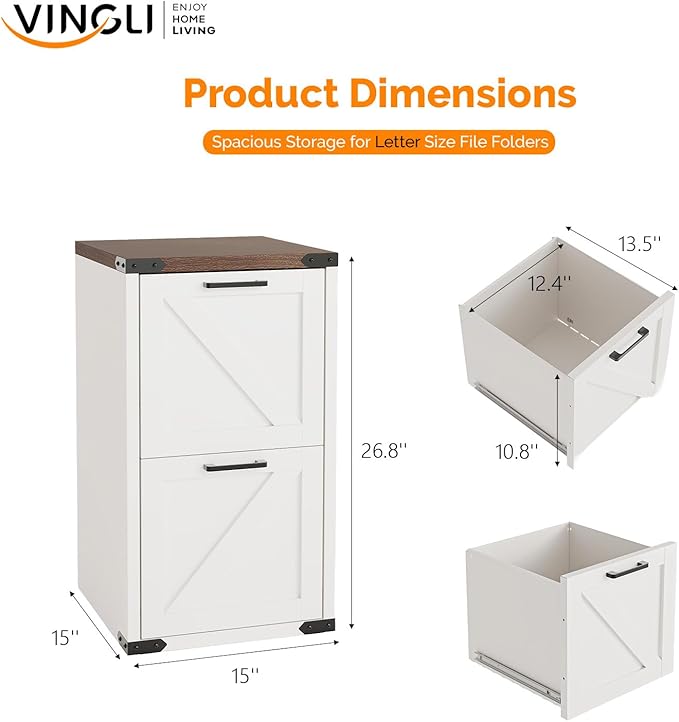 VINGLI 2 Drawer Farmhouse Metal File Cabinet Home Office Filing Organizer for Letter File Folder Storage Printer Stand with Drawers Archivador Vertical Filing Cabinet for Study Business (White)
