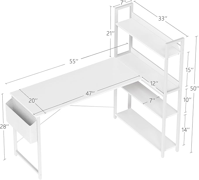 Treesland 55 Inch Computer Desk with Bookshelf Corner Desk with Storage L Shaped Desk Home Office Desks Writing Study Desk for Bedroom White