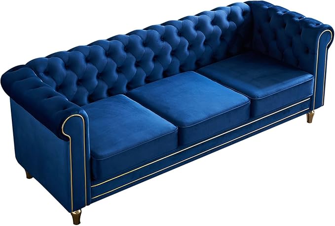 KEIKI 85 Chesterfield Velvet Tufted Button Sofa with Deep Seat Cushions and Rolled Arms Modern Style 3-Seater Couch Decorated with Gold Strip Easy Assembly for Living Room Bedroom Office Blue