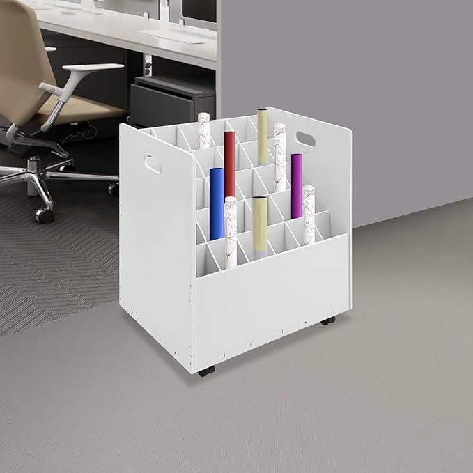 Mobile Roll File Storage Organizer with Wheels 30 Slots White Mobile Files Storage Cabinet Construction Plan Holders Roll Files Storage for Office School (30 Slots White)