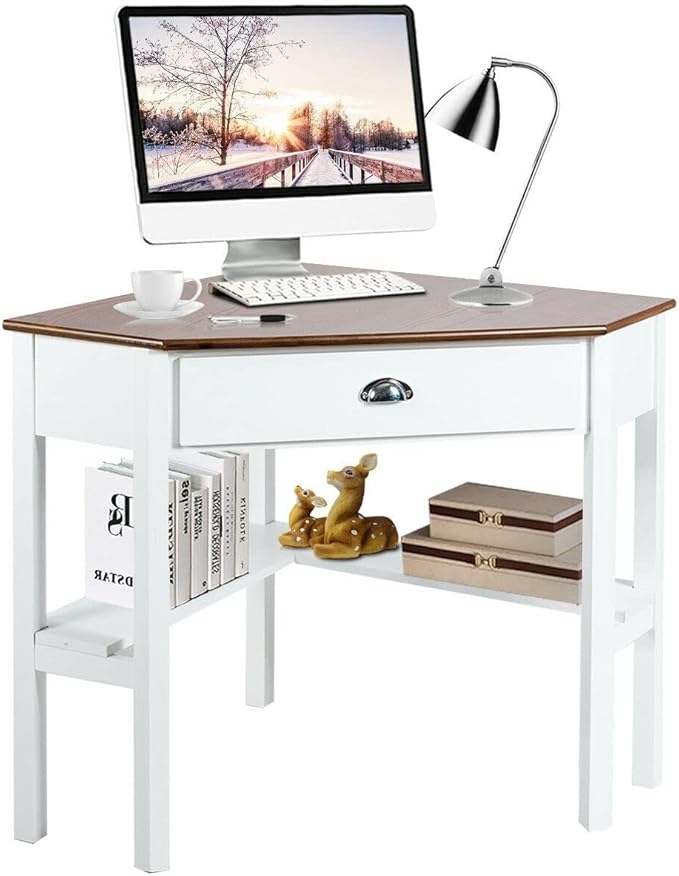 Corner Desk Compact Home Office Corner Desk Organizer90 Degrees Triangle Computer Table Laptop Writing Table for Small Spaces with Storage Shelf and Drawer (White)