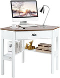 Corner Desk Compact Home Office Corner Desk Organizer90 Degrees Triangle Computer Table Laptop Writing Table for Small Spaces with Storage Shelf and Drawer (White)