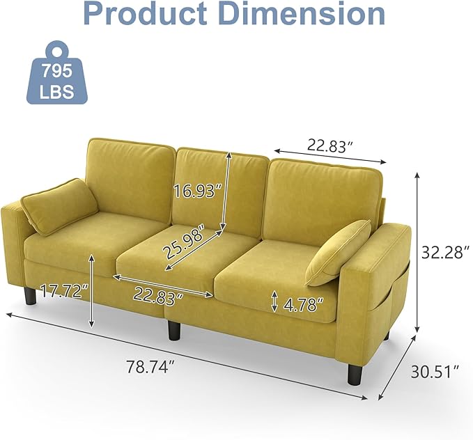 KINTNESS 78” 3 Seater Sofa Couch for Living Room Modern Sectional Sofa with Deep Seat &amp Armrest Pillow Comfy Sofa Set for Bedroom Apartment and Office Removable Covers Non-Slip Yellow | COTT