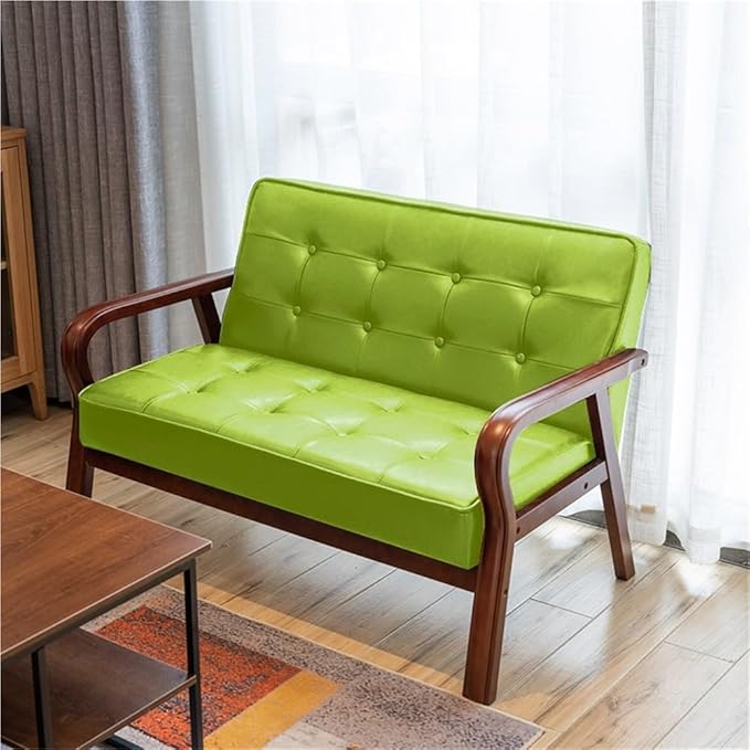 Mid-Century Modern Loveseat Comfy Faux Leather Upholstered Couch Solid Wood Frame Vintage Accent Armchair with High Back for Home Office Waiting Room 45.3''L x 24.4''D x 29.5''H(Light Green)