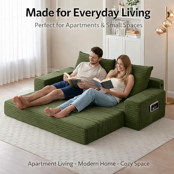 73INCH 2 in 1 Convertible Folding Couch Bed Corduroy Sleeper Sofa with Pull-Out Bed No Assembly Floor Sofa for Living Room Apartment &amp Small Spaces (Green)