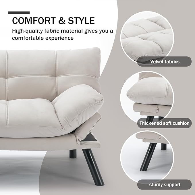 Convertible Futon Double Sofa Bed2 in 1 with Adjustable Backrest Memory Foam Loveseat for Living Room Bedroom Office Apartment Compact Sofa(Beige)