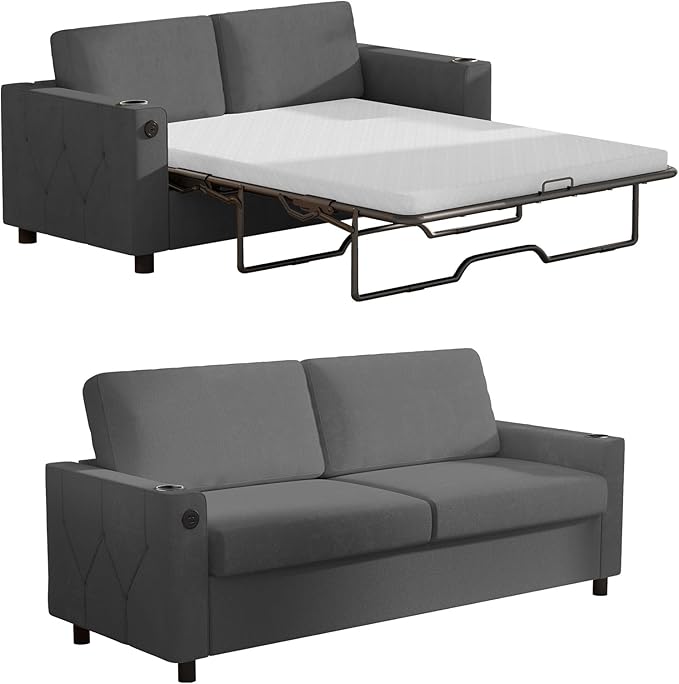 BALUS Pull Out Sofa Bed Full Size Sleeper Sofa with Inbuilt Cup Holder &amp USB Ports 2-in-1 Convertible Pullout Couch with Memory Foam Mattress for Living Room Home Office Dark Grey