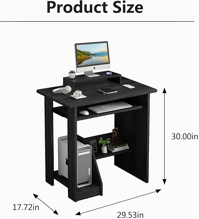 30 Inch Gaming Desk Computer Desk with Keyboard Tray Monitor Stand Storage Shelves CPU Stand Industrial Small Desk for Small Spaces Home Office Desk Black