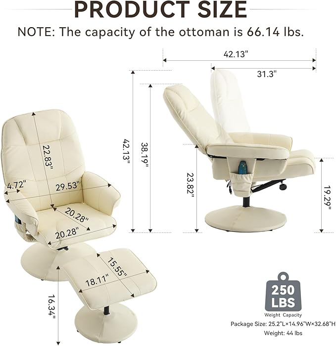 Ergonomic Recliner Chair with Ottoman for Adults 360° Swivel Massage Lounge Chair with 5-Point Vibration &amp Heated Seat140° Adjustable PU Leather Recliner for Living Room Office (Beige+PU Leather
