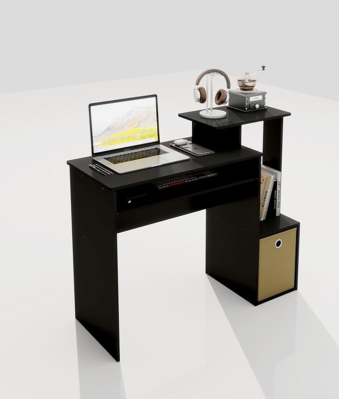 Small Computer Writing Desk with Drawers Home Office Desk with Storage Shelves for Home Office Bedroom Black/Brown