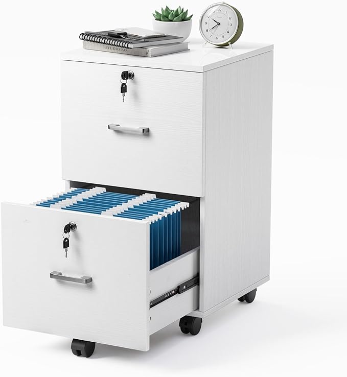 VINGLI 2 Drawer File Cabinet with Lock Wood Grain White File Cabinets for Letter Size File Folders with Tabs Mobile Under Desk Filing Cabinets for Home Office Rolling Filing Cabinet Printer Stand