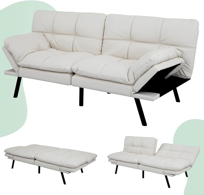 MUUEGM 71 Futon Sofa Bed Convertible Couch Filled with Memory Foam Modern Loveseat with Adjustable Backrest&ampArmrest Sofas for Living RoomGame RoomDormitoryOffice.White Leather